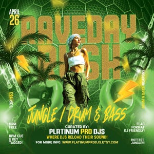 Può includere: Un poster verde e oro che pubblicizza un evento Jungle/Drum & Bass chiamato "POVEDAY RUSH". Il poster presenta una donna con un top bianco e pantaloni verdi, palme e testo tra cui "Jungle / Drum & Bass" e "Platinum Pro DJs".