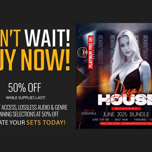 The image is a promotional poster for a music event called "Deep House" featuring a woman in a black dress. The poster includes text that encourages people to buy the event's weapons and music, offering a 50% discount on instant access, lossless audio and genre spanning selections.