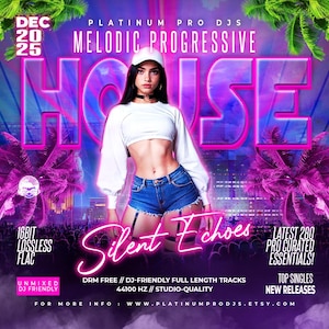 May include: A promotional poster for a music event. The poster features a woman in a white crop top and denim shorts. The words "HOUSE" and "Silent Echoes" are prominently displayed. Additional text includes "Melodic Progressive" and "16Bit Lossless FLAC."