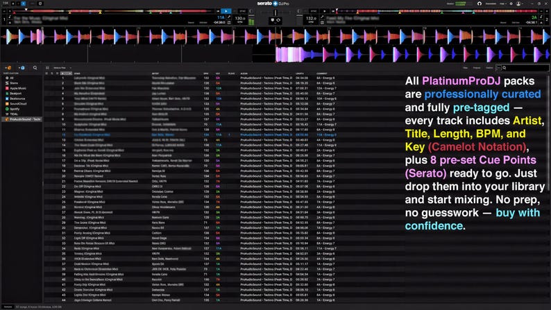 a DJ software interface with a list of tracks and various controls, including a sound mixer and a preview of a DJ compilation. The interface appears to be a professional DJ software with a focus on curating tracks and providing a user-friendly experience for creating and editing music tracks.