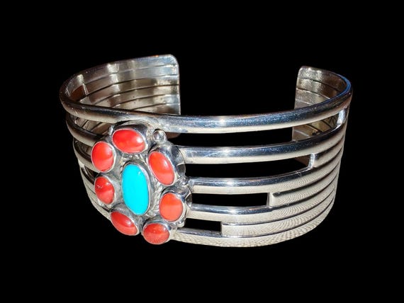 Unique Solid Silver Navajo Bangle Gem Set - image 7