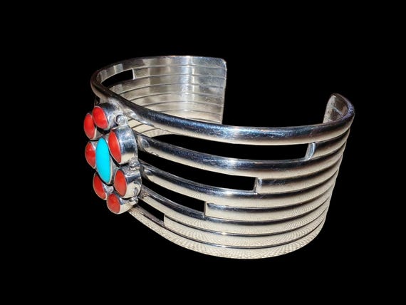 Unique Solid Silver Navajo Bangle Gem Set - image 2