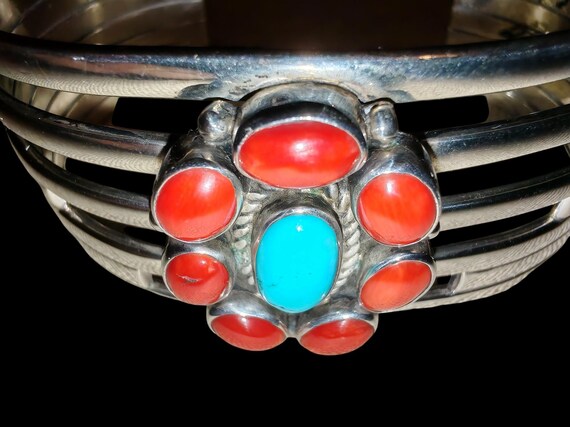 Unique Solid Silver Navajo Bangle Gem Set - image 3