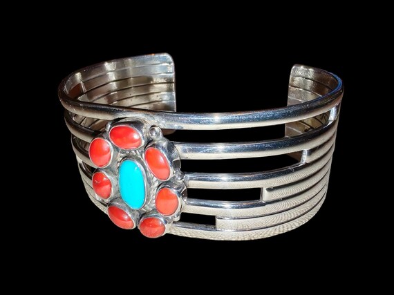 Unique Solid Silver Navajo Bangle Gem Set - image 1