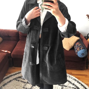 Reversible black suede leather black trench coat