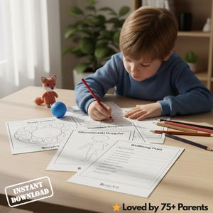 May include: A young child in a blue sweater is drawing on worksheets with a red pencil. The worksheets have the text "Duygu Combert" and "Wellbeing Planı". A small fox toy and a blue ball are on the table. The image also includes the text "INSTANT DOWNLOAD" and "Loved by 75+ Parents".