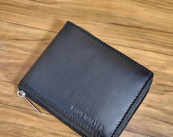Cartera con cremallera y bloqueo RFID para hombre - Cartera plegable con cremallera - Regalo para él - Cartera de cuero hecha a mano