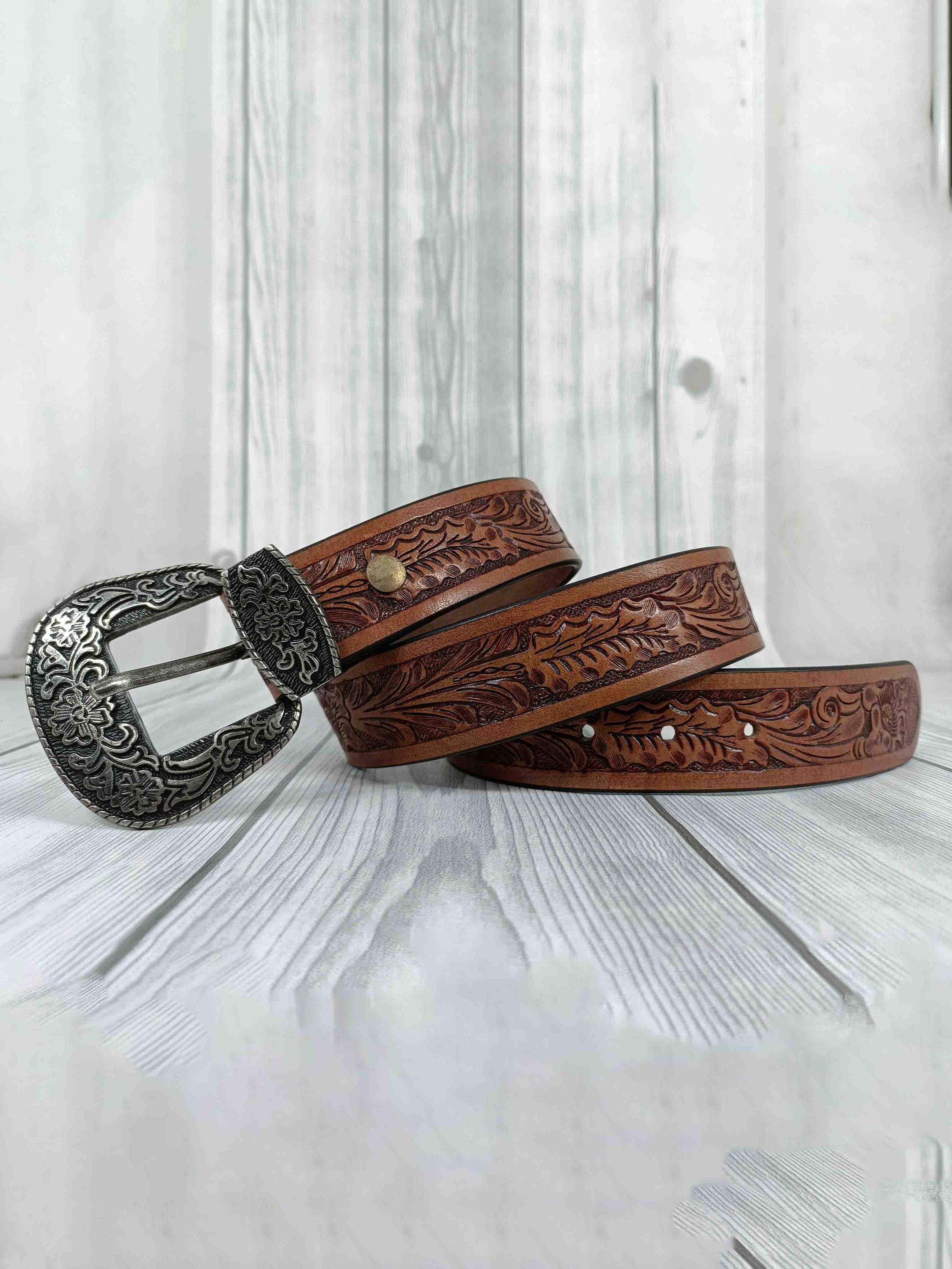 Handmade Floral Tooled Leather Western Belt: Silver Buckle  display picture 3