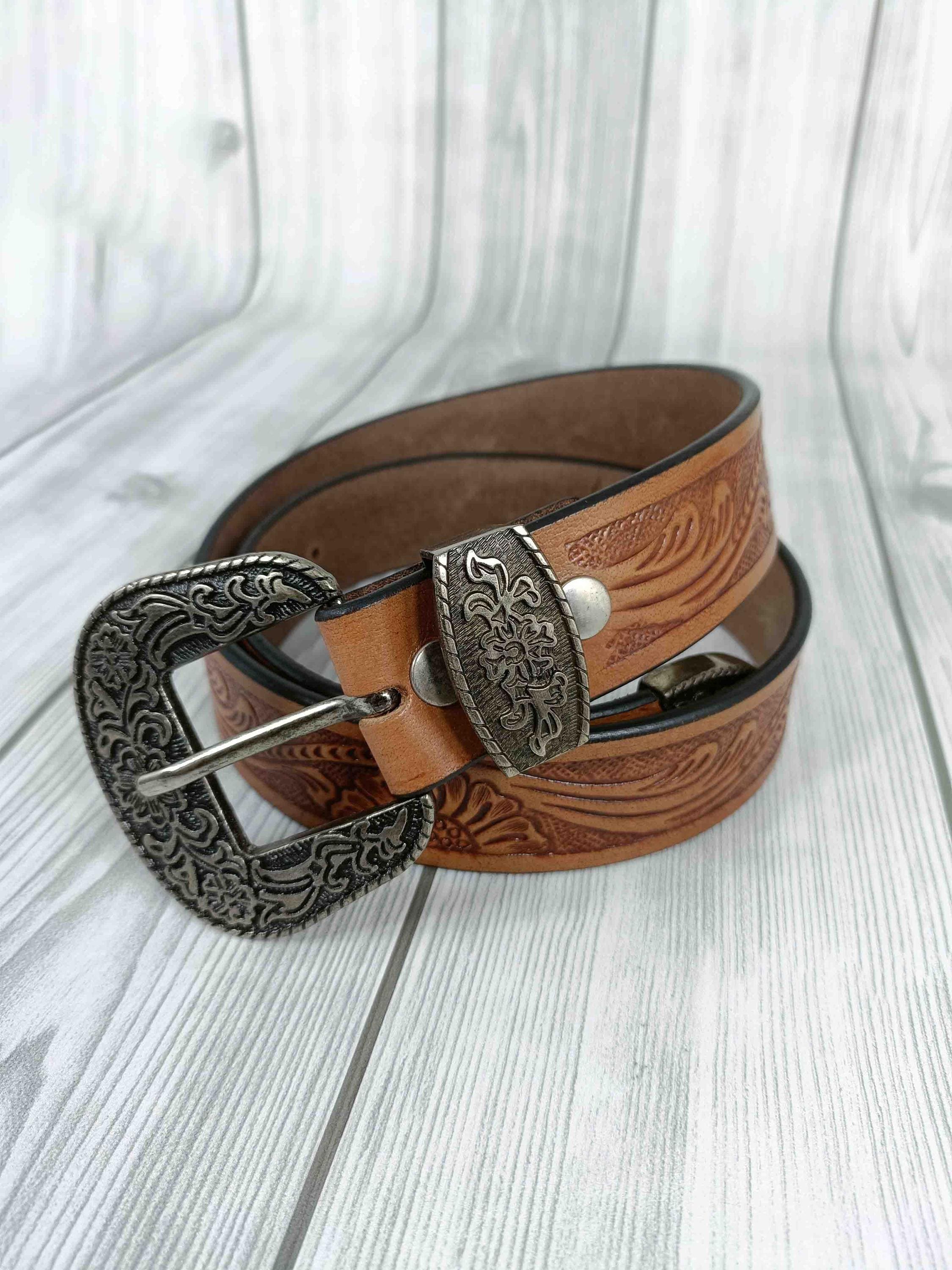 Hand Tooled Leather Western Belt: Floral Embossed Cowboy  display picture 1