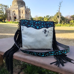 Cowhide Crossbody Shoulder Bag, Purse with Fringes Western Handbag Tooled Leather Turquoise Bag |
