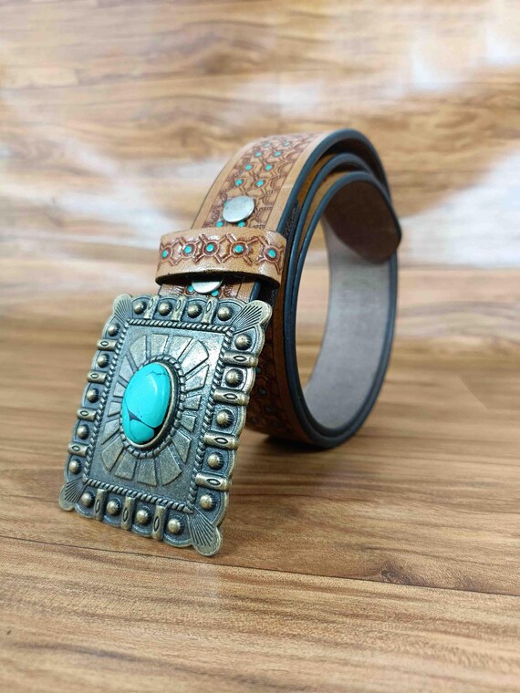 Vintage Hand Tooled Western Belt Turquoise Y2K Cowgirl Grunge Genuine Leather 38 Turquoise Hand Tooled Leather Western Belt main image 3