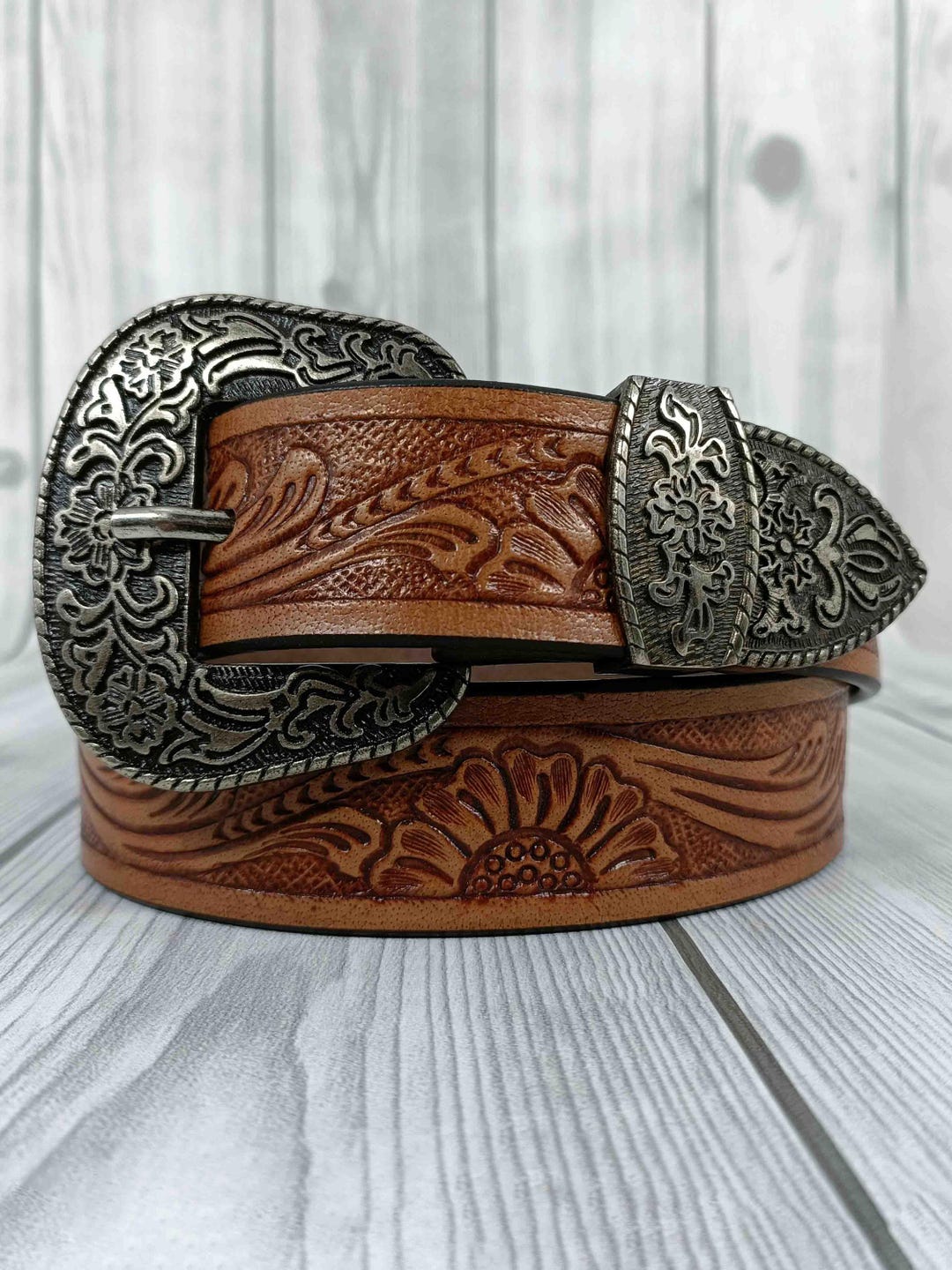 Hand Tooled Leather Western Belt: Floral Embossed Cowboy  display picture 1