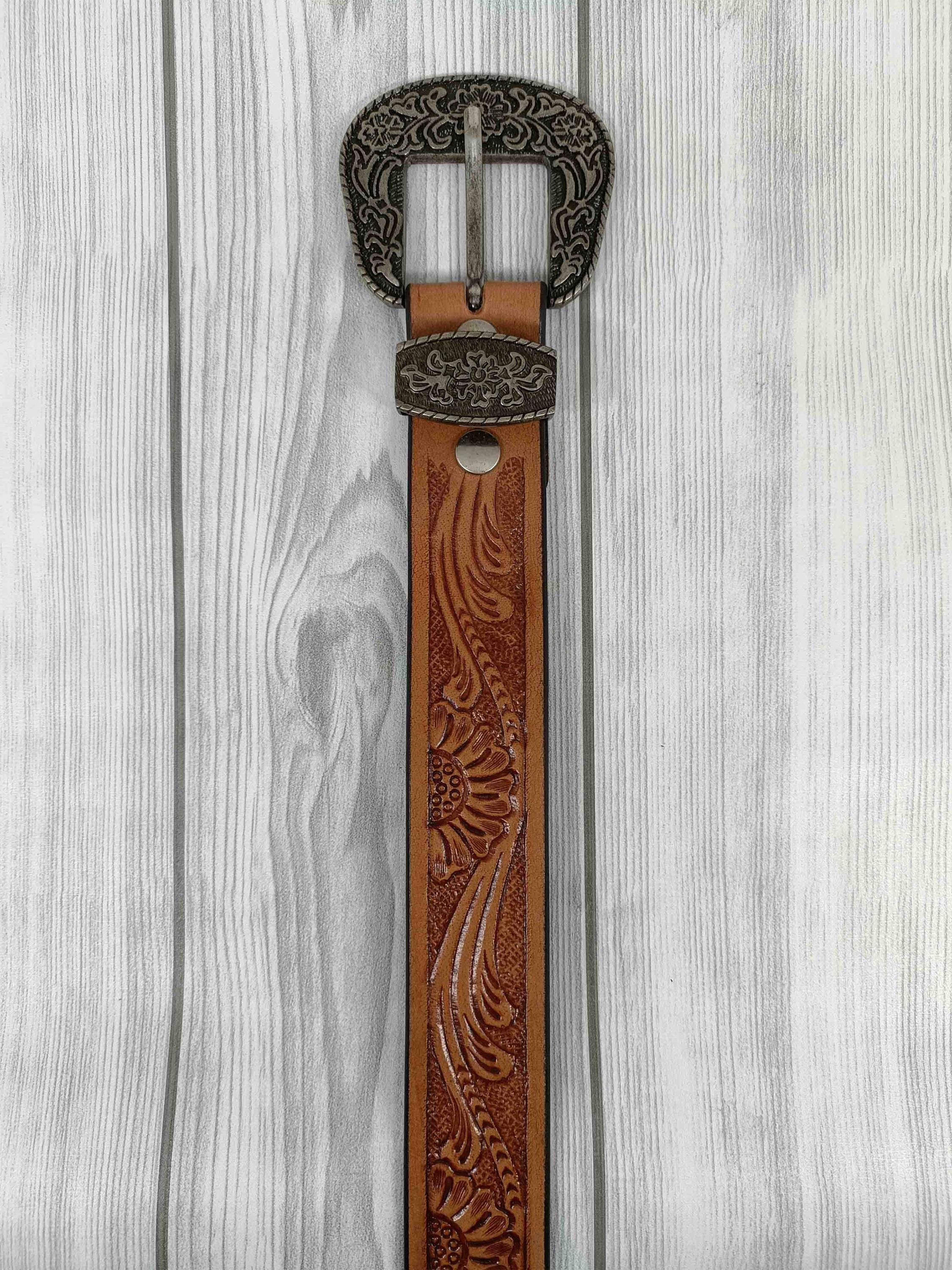 Western Leather Belt Hand Tooled Floral Design Silver Buckle Size 34 Handmade Floral Tooled Leather Western Belt: Silver Buckle  main image 4