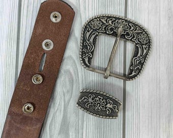VTG Hand Tooled Belt Western Americana Leather Silver Buckle & Tip Vintage western hand tooled leather belt floral silver  main image 2