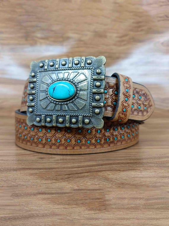 Hand-carved Honeycomb Leather Belt: Western Turquoise Accent  display picture 3