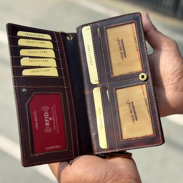 Cartera de cuero estilo camionero con cadena y bloqueo RFID para hombre.