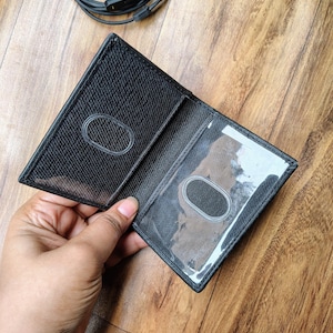 Tarjetero de cuero para identificación, funda para tarjeta de identificación, billetera con ventana para identificación, tarjetero doble plegable, bolsillo para licencia de conducir, billetera RFID hecha a mano