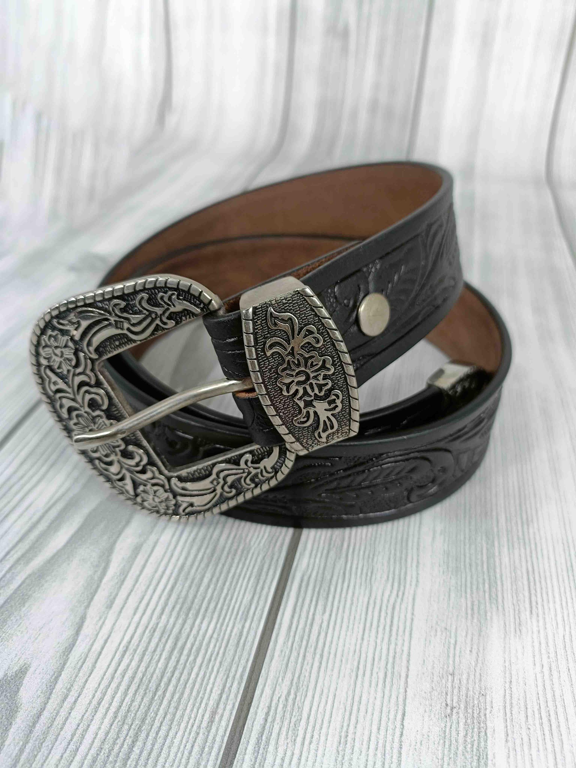 Hand-carved Western Leather Belt: Floral Embossed Full Grain  display picture 1