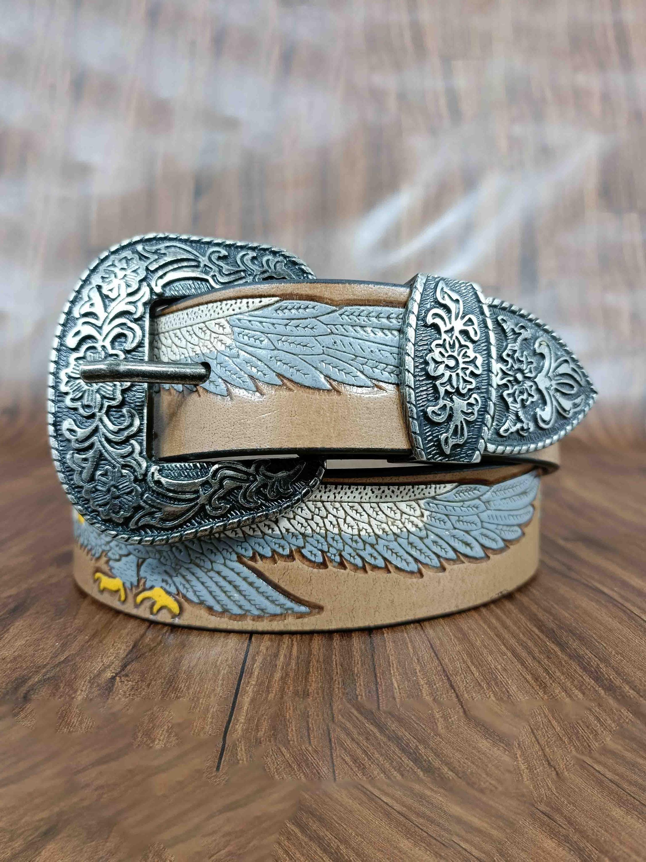 Vintage Tooled Embossed Leather Eagle Cactus Silver Western Belt Mexican Tooled Leather Belt - Etsy main image 3