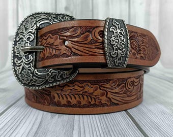 Western Tooled Leather Belt Size L Metallic Silver Braid with Flower Hardware Ladies main image 4