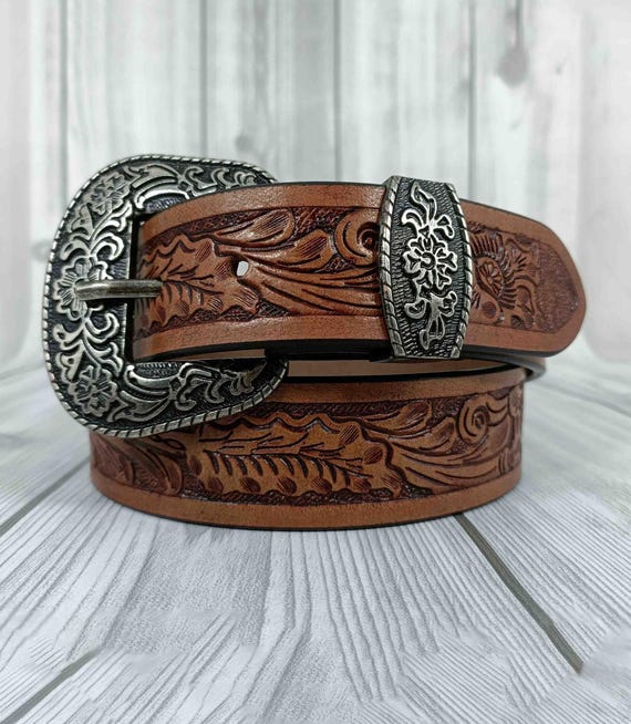 Vintage Western Black Tooled Leather Belt Floral Engraved Silver Bucklet Sz 36 Handmade Floral Tooled Leather Western Belt: Silver Buckle  main image 4