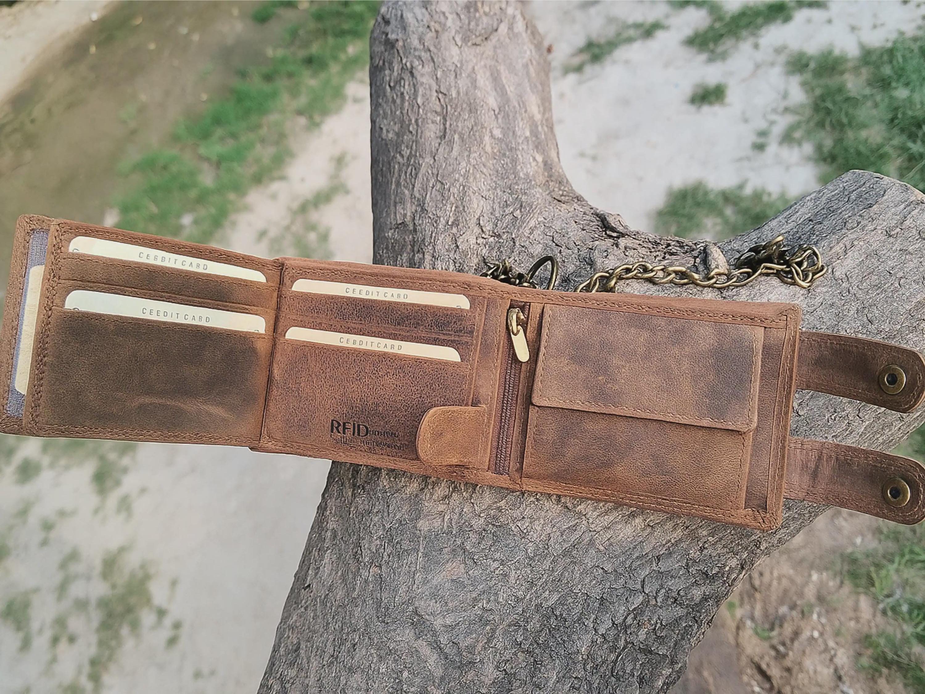Hunter Leather Biker Bifold Wallet RFID Blocking Long Detachable Metal Chain Wallet for Men