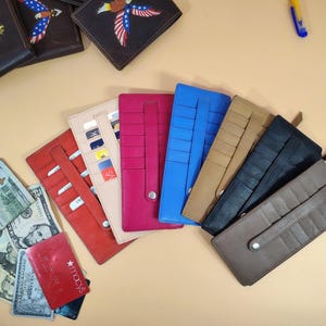 Carteras para mujer, tarjetero largo con bolsillo lateral con cremallera y cierre a presión, de piel de vaca auténtica, hecha a mano.