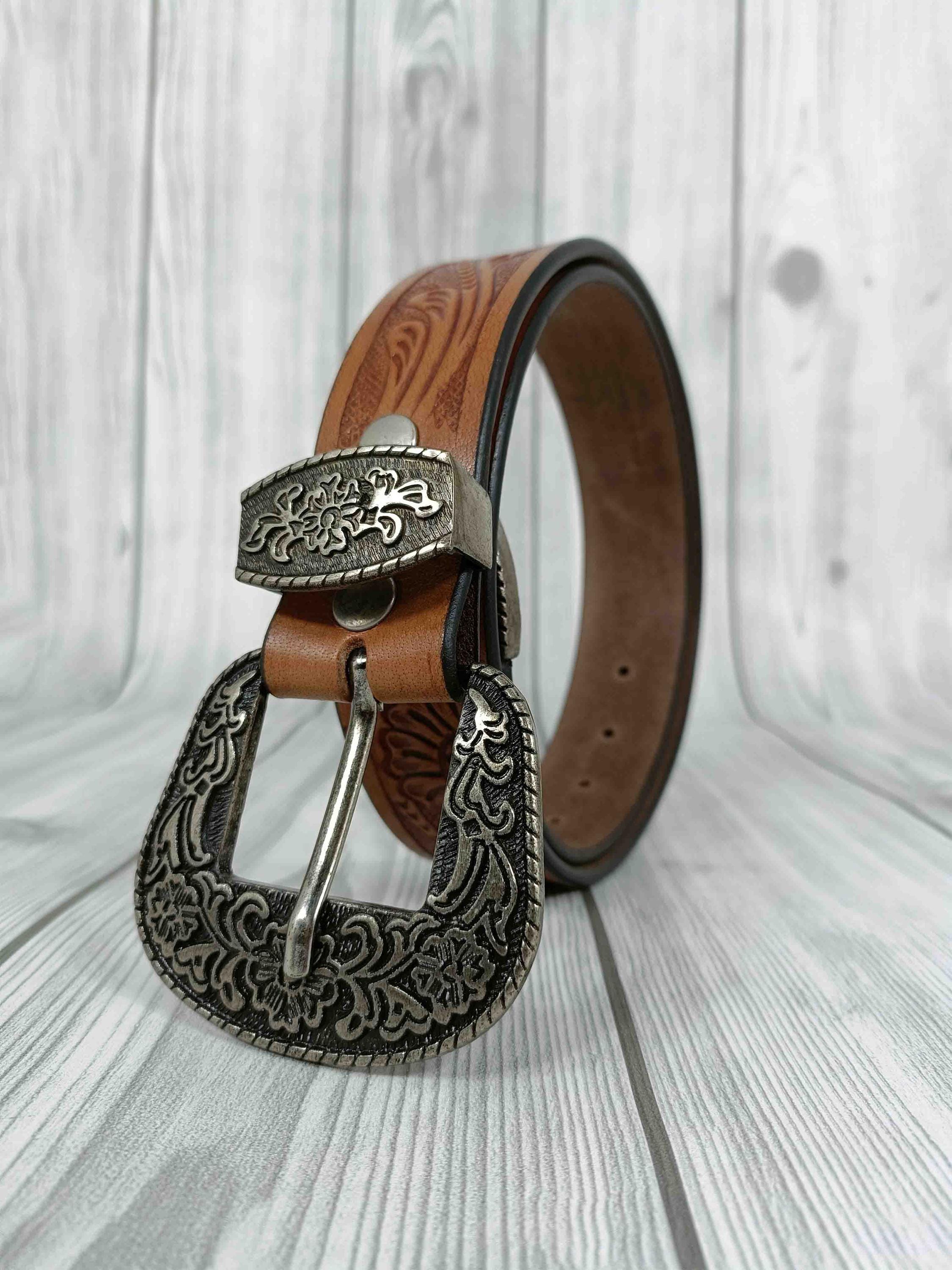 Western Leather Belt Vintage Tooled Embossed Strap Antique Silver Buckle 1 1/2 main image 3