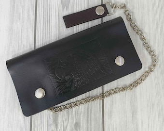 Handmade Black Leather Biker Wallet with Chain - Snap Closure