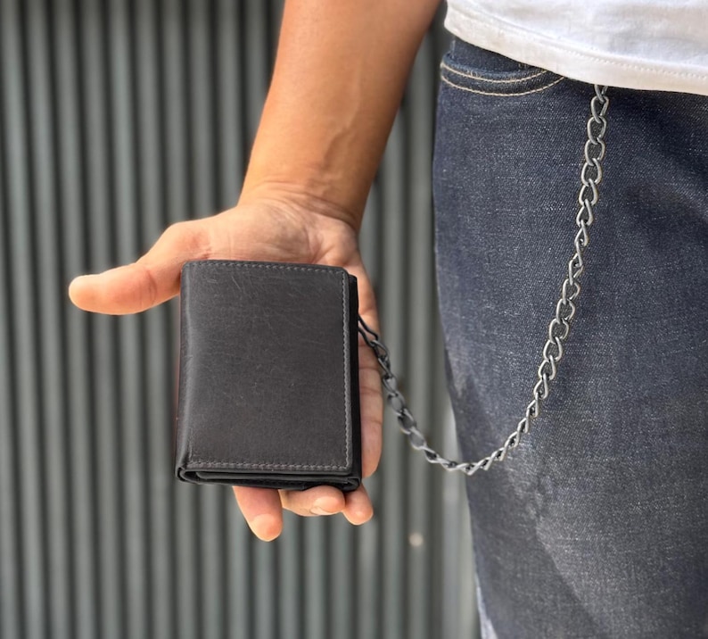 Handmade Leather Biker Wallet With Chain: RFID Blocking Trifold - Etsy