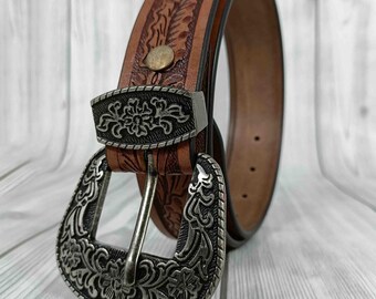 Handmade Floral Tooled Leather Western Belt: Silver Buckle  display picture 2