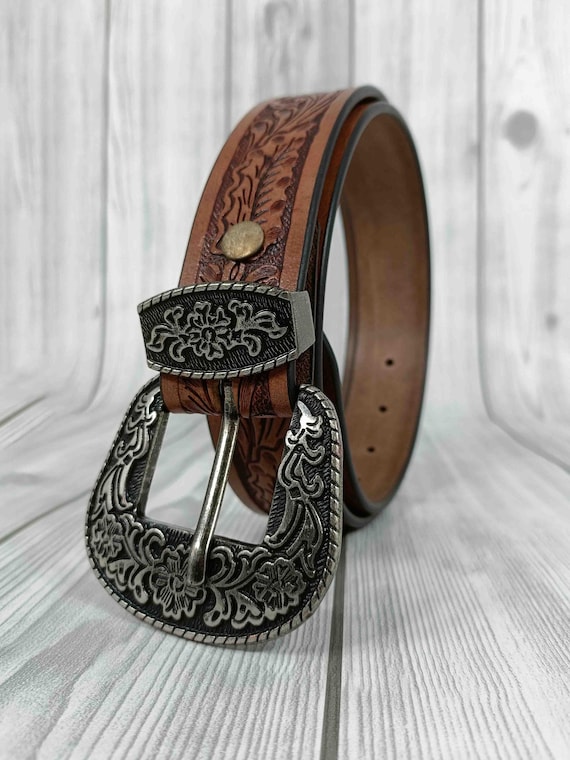 Handmade Floral Tooled Leather Western Belt: Silver Buckle 