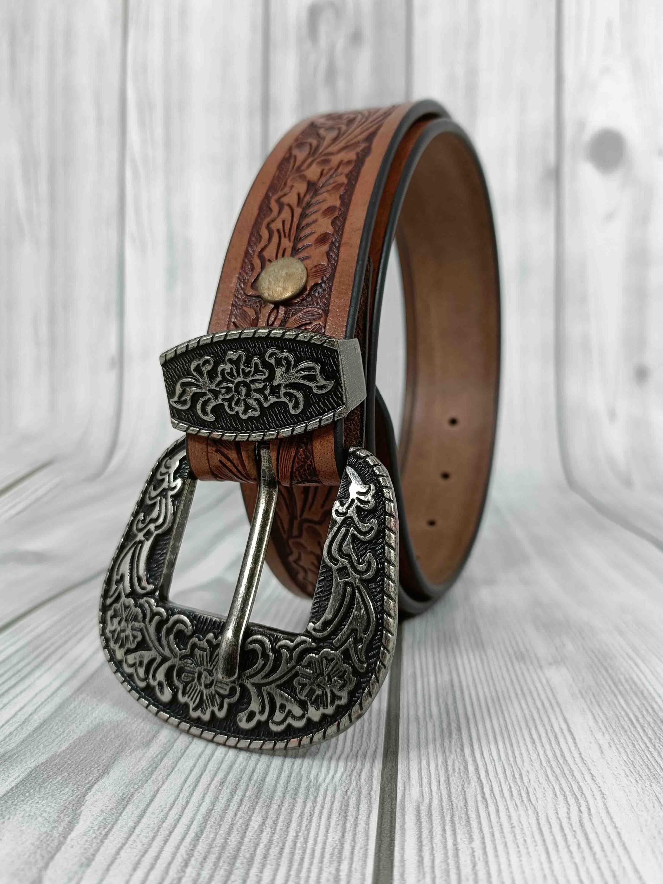 Handmade Floral Tooled Leather Western Belt: Silver Buckle  display picture 1