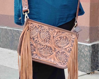 Genuine Leather & Cowhide Crossbody Purse – Handmade Western Fringe Shoulder Bag