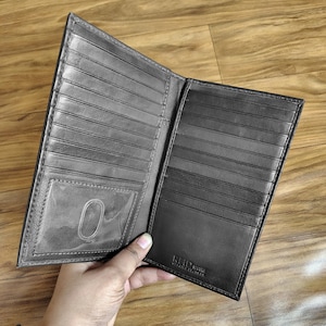 Cartera larga de cuero hecha a mano: billetera delgada plegable para hombre y mujer, billetera larga de cuero vintage con bloqueo RFID para tarjetas de crédito e identificación.