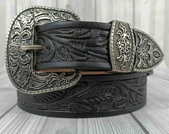 Hand-Carved Western Leather Belt: Floral Embossed Full Grain Cowboy Belt