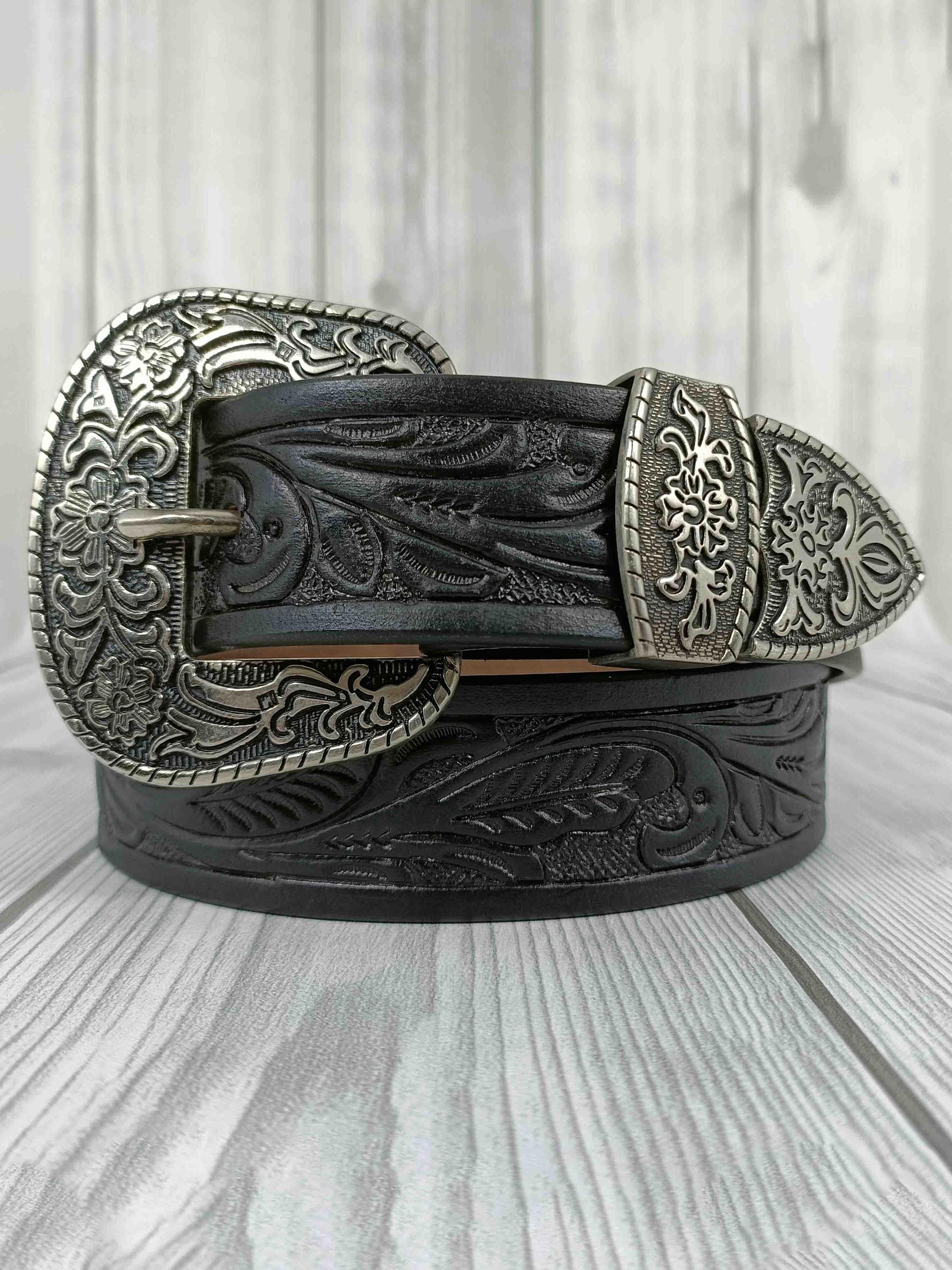 Handcrafted Black Leather Embossed Belt With 3D Floral Design Artisan Handcrafted Floral Vine Embossed Leather Belt  main image 4