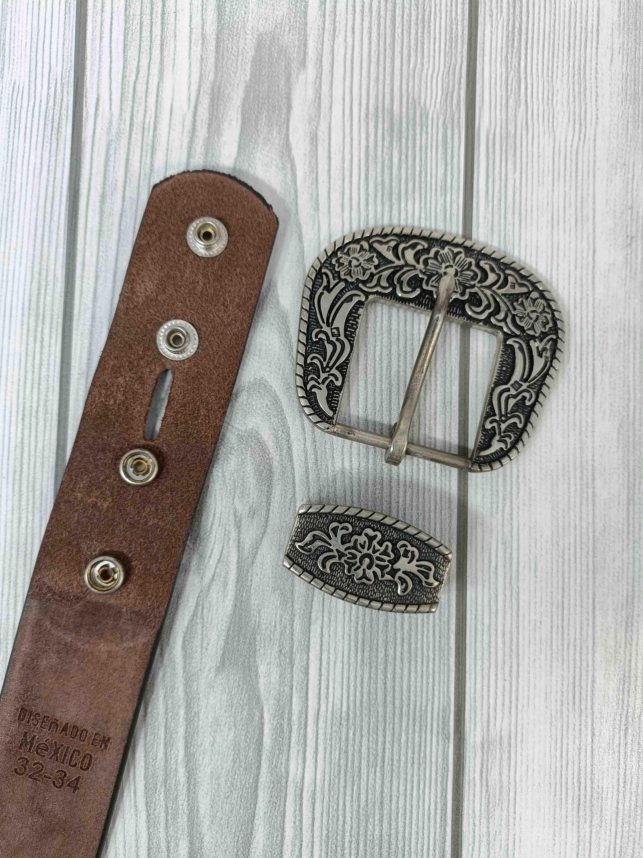 Handmade Floral Tooled Leather Western Belt: Silver Buckle 