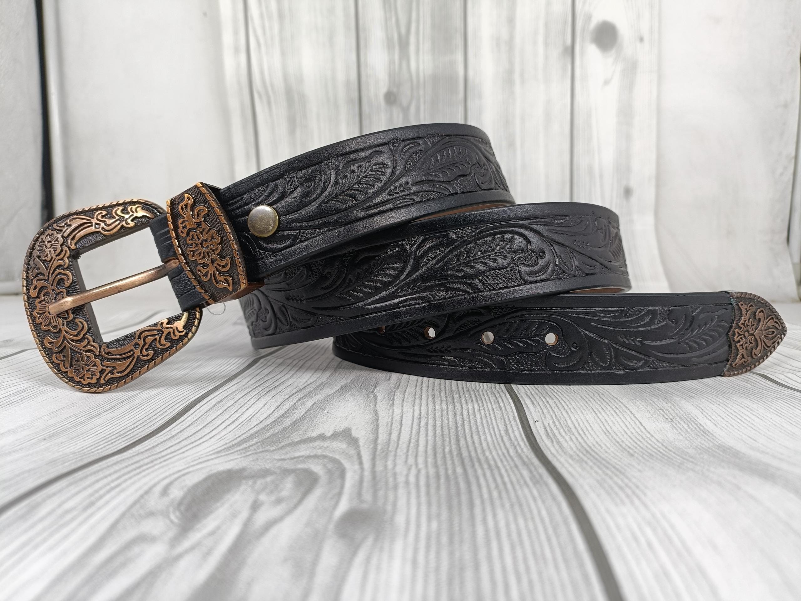 Hand-carved Western Leather Belt: Floral Embossed Full Grain 