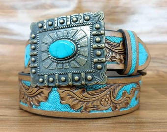 Vintage Western Turquoise Belt Buckle – Silver-tone Cowboy  display picture 1