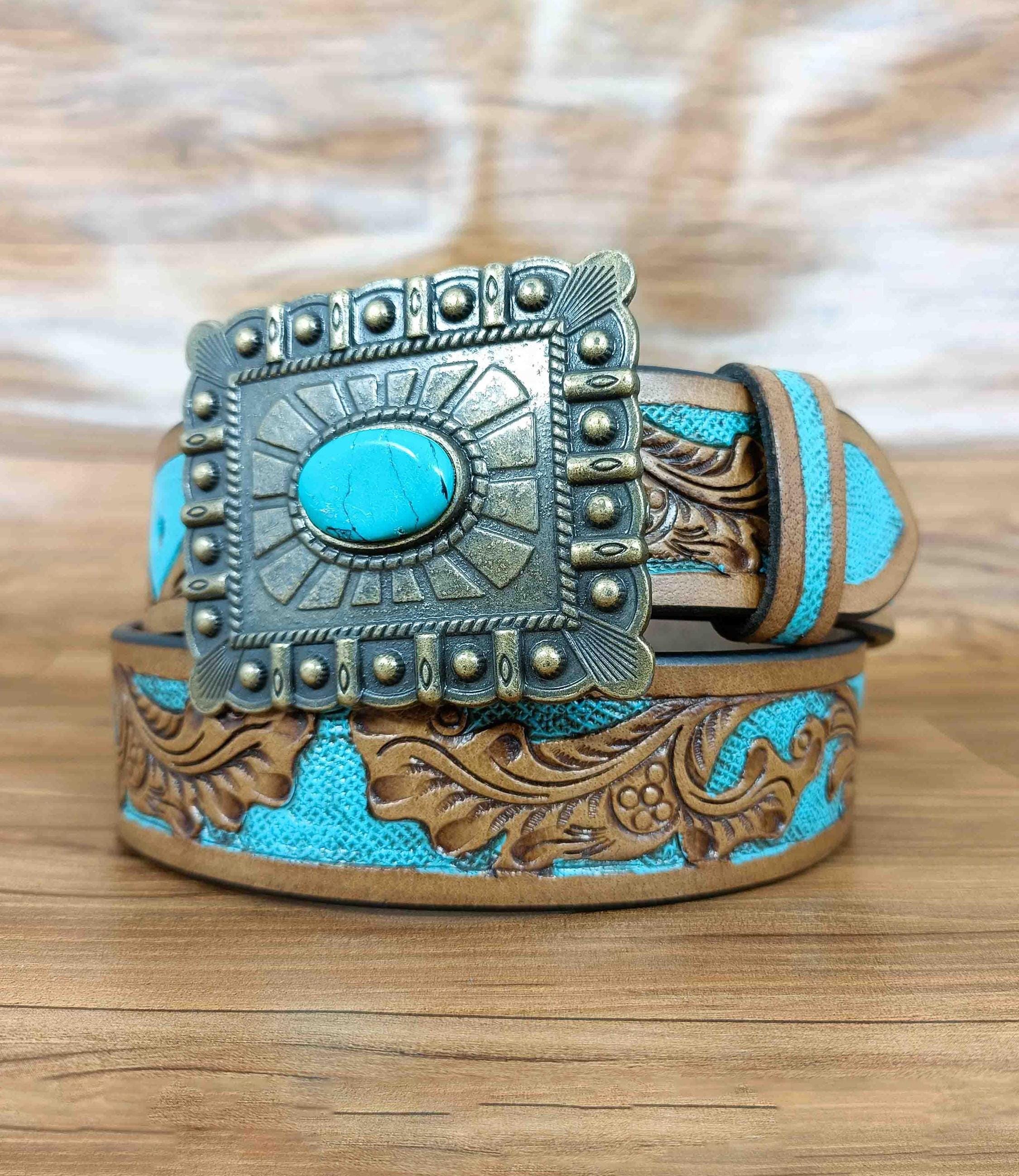 Y2K Southwestern boho leather turquoise belt with turquoise stone buckle Southwest Turquoise Belt main image 2
