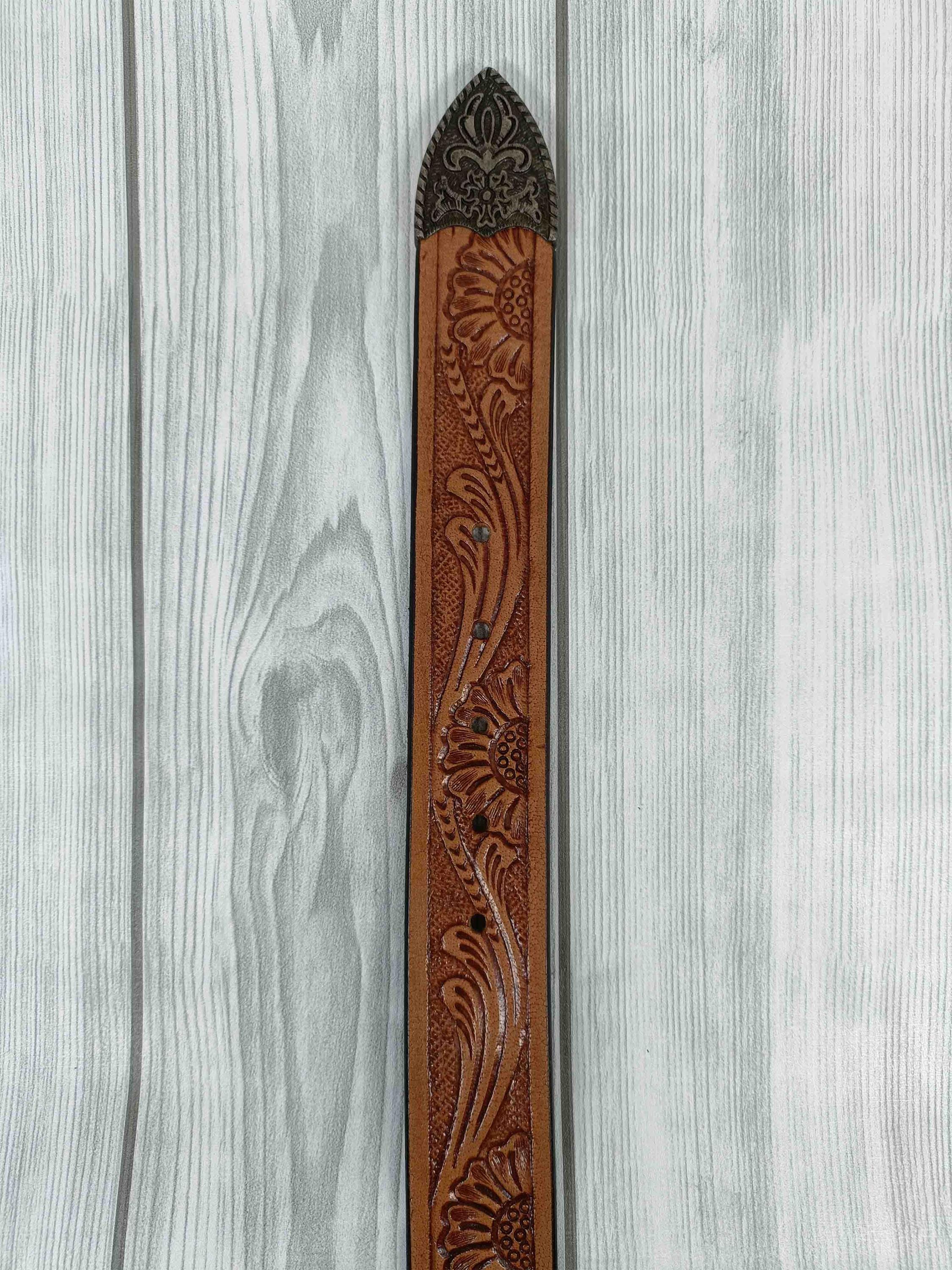 Hand Tooled Leather Western Belt: Floral Embossed Cowboy  display picture 1