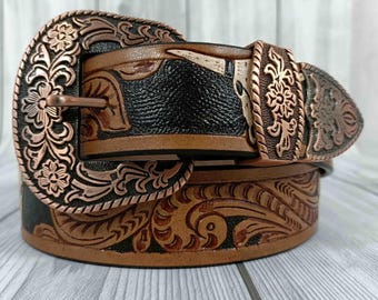 Texas Ranger by Tex Tan Tooled Cowhide Belt Texas Ranger TEX TAN Western Leather Belt Full Grain Cowhide  main image 3