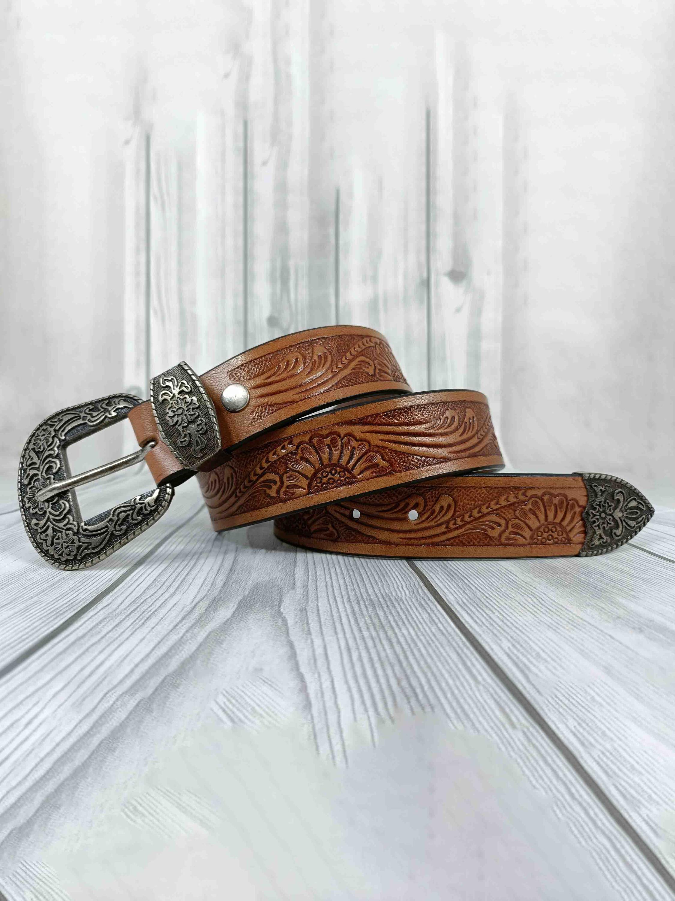Western Leather Belt Vintage Tooled Embossed Strap Antique Silver Buckle 1 1/2 main image 4