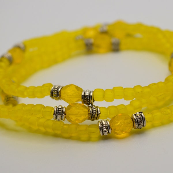 Mellow Yellow Seed Bead and Silver Boho Stretch Bracelet Set of 3 Bracelets