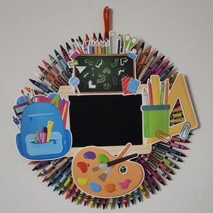 Crayon Wreath for Teacher – 16&quot; Classroom Door Decor – Back to School Gift – Daycare, Preschool or School Office Wreath