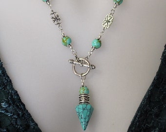 Pendulum Necklace Divination Tool, Turquoise blue Howlite crystal Wiccan tools, Handmade wearable dowsing scrying pendant Australian made.