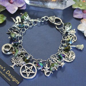 Swamp Witch Charm Bracelet: Pagan Wiccan Jewelry with Green Crystal Beads