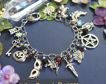 Hecate Charm Bracelet, Greek Mythology Pagan Goddess Jewelry with Owl, Moon & Pentacle