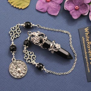 Black Agate Dowsing Pendulum: Silver Rose, Witchy Altar Divination Tool